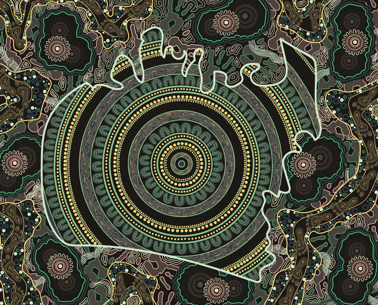 Aboriginal artwork by artist Taleena Simon the Heartbeat of Home artwork in the colours yellow green, and brown