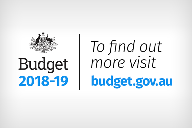 On the left there is the Australian Government crest with the words Budget 2018-19. On the right there are the words To find out more visit budget.gov.au