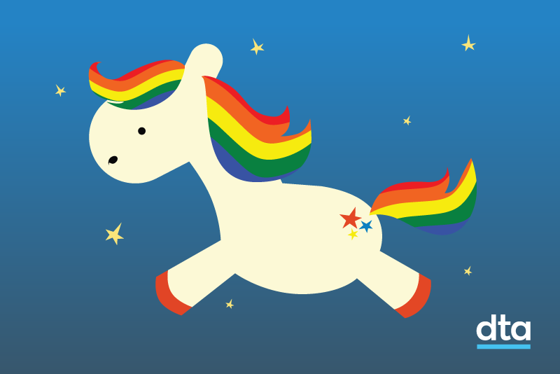 An illustration of a pony with a rainbow coloured mane.