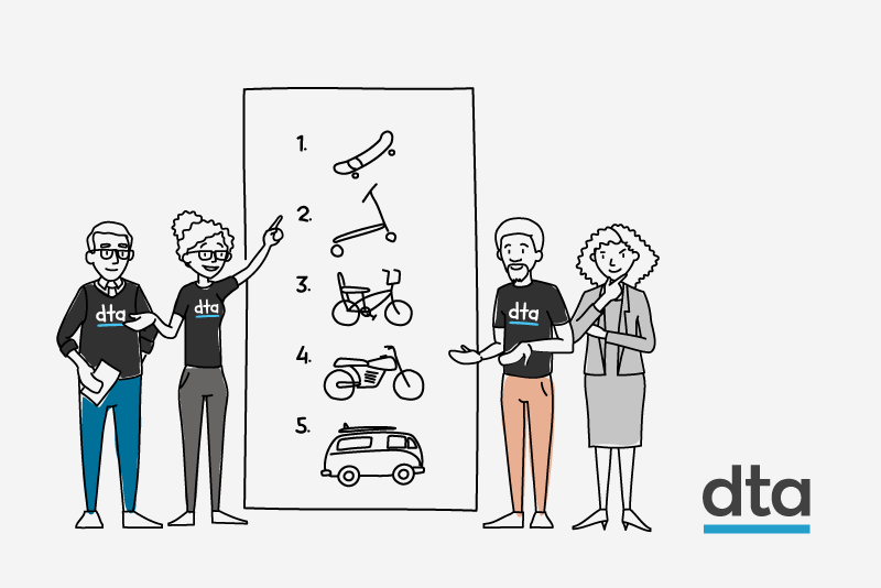 4 people looking at the design of a scooter into a bike then a car