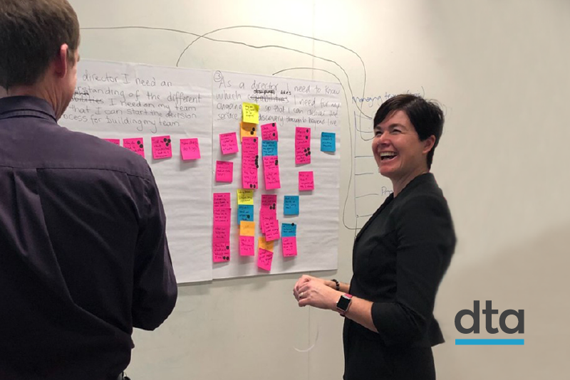 Two people working on the design for Style Manual content