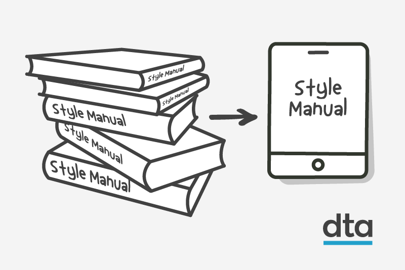 A stack of style manual books with an arrow pointing to a digital version on a tablet.
